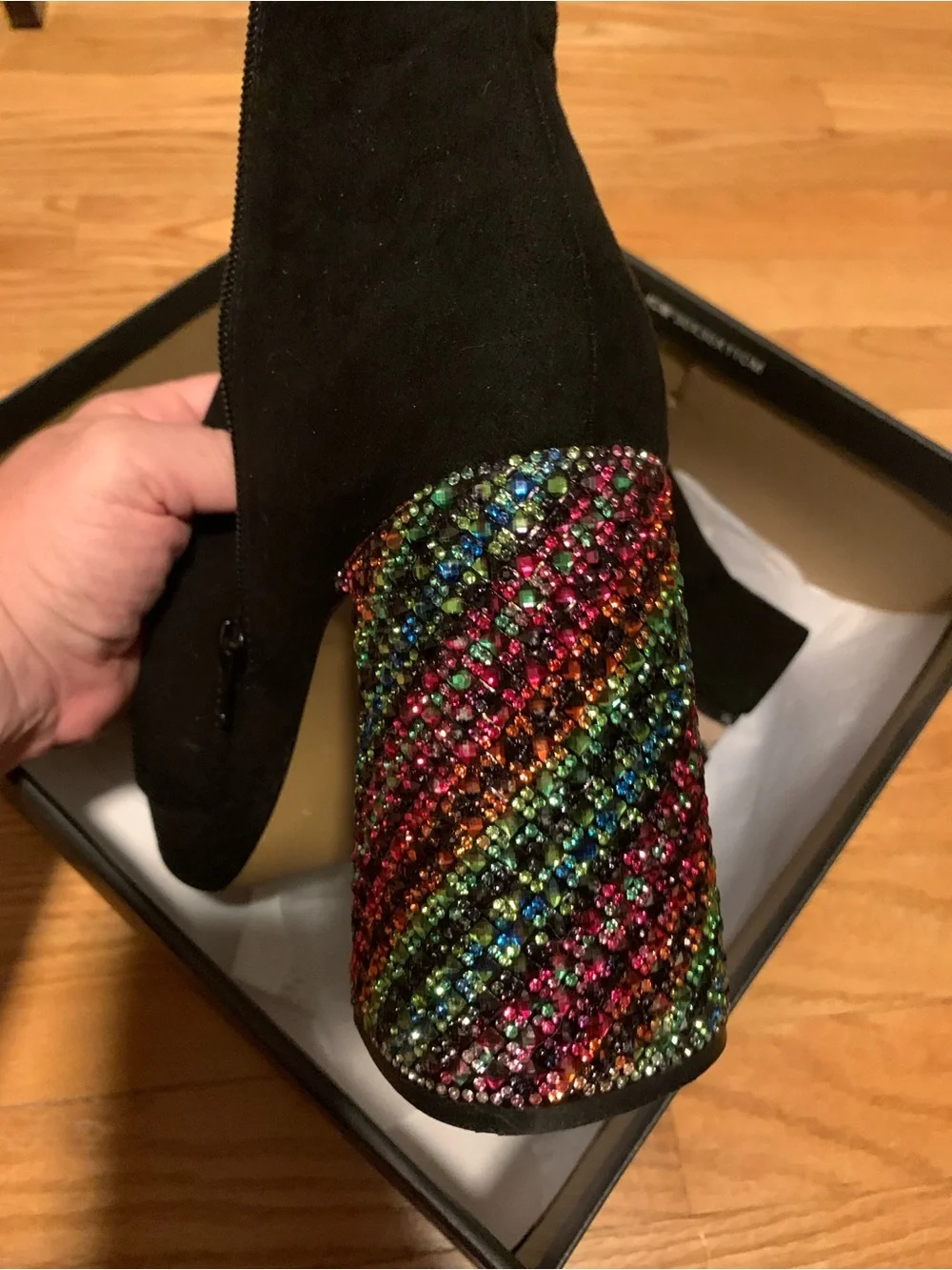 Betsey Johnson Black Suede Ankle Boots with Rainbow Crystal Block Heel
